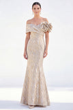 Off the Shoulder Mermaid Golden Ruched Long Mother Of the Bride Dress with 3D Flowers