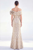 Off the Shoulder Mermaid Golden Ruched Long Mother Of the Bride Dress with 3D Flowers