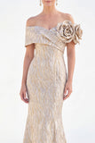 Off the Shoulder Mermaid Golden Ruched Long Mother Of the Bride Dress with 3D Flowers