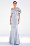 Off the Shoulder Mermaid Golden Ruched Long Mother Of the Bride Dress with 3D Flowers