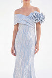 Off the Shoulder Mermaid Golden Ruched Long Mother Of the Bride Dress with 3D Flowers