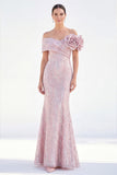 Off the Shoulder Mermaid Golden Ruched Long Mother Of the Bride Dress with 3D Flowers