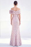 Off the Shoulder Mermaid Golden Ruched Long Mother Of the Bride Dress with 3D Flowers