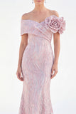 Off the Shoulder Mermaid Golden Ruched Long Mother Of the Bride Dress with 3D Flowers