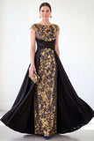 Dark Green A-Line Round Neck Sequins Long Mother Of the Bride Dress with Cap Sleeves