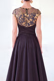 Dark Green A-Line Round Neck Sequins Long Mother Of the Bride Dress with Cap Sleeves