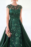 Dark Green A-Line Round Neck Sequins Long Mother Of the Bride Dress with Cap Sleeves