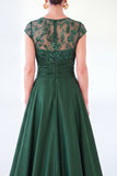 Dark Green A-Line Round Neck Sequins Long Mother Of the Bride Dress with Cap Sleeves