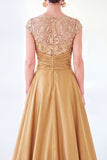 Dark Green A-Line Round Neck Sequins Long Mother Of the Bride Dress with Cap Sleeves