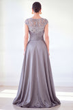 Dark Green A-Line Round Neck Sequins Long Mother Of the Bride Dress with Cap Sleeves