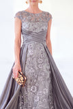 Dark Green A-Line Round Neck Sequins Long Mother Of the Bride Dress with Cap Sleeves
