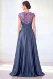 Dark Green A-Line Round Neck Sequins Long Mother Of the Bride Dress with Cap Sleeves