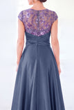 Dark Green A-Line Round Neck Sequins Long Mother Of the Bride Dress with Cap Sleeves