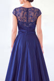 Dark Green A-Line Round Neck Sequins Long Mother Of the Bride Dress with Cap Sleeves