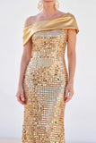Sparkly Golden Mermaid One Shoulder Sequins Long Mother Of the Bride Dress