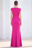 Fuchsia Mermaid Bateau Neck Ruched Floral Long Mother Of the Bride Dress with Cap Sleeves