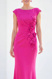 Fuchsia Mermaid Bateau Neck Ruched Floral Long Mother Of the Bride Dress with Cap Sleeves