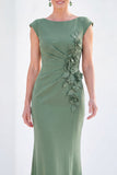 Fuchsia Mermaid Bateau Neck Ruched Floral Long Mother Of the Bride Dress with Cap Sleeves