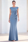 Fuchsia Mermaid Bateau Neck Ruched Floral Long Mother Of the Bride Dress with Cap Sleeves