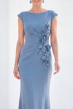 Fuchsia Mermaid Bateau Neck Ruched Floral Long Mother Of the Bride Dress with Cap Sleeves