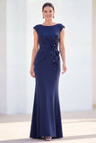 Fuchsia Mermaid Bateau Neck Ruched Floral Long Mother Of the Bride Dress with Cap Sleeves