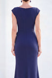 Fuchsia Mermaid Bateau Neck Ruched Floral Long Mother Of the Bride Dress with Cap Sleeves
