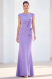 Fuchsia Mermaid Bateau Neck Ruched Floral Long Mother Of the Bride Dress with Cap Sleeves