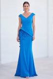 Blue Floral Mermaid V-Neck Ruched Long Mother Of the Bride Dress with Cap Sleeves