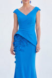 Blue Floral Mermaid V-Neck Ruched Long Mother Of the Bride Dress with Cap Sleeves