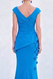 Blue Floral Mermaid V-Neck Ruched Long Mother Of the Bride Dress with Cap Sleeves