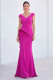 Blue Floral Mermaid V-Neck Ruched Long Mother Of the Bride Dress with Cap Sleeves
