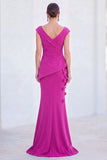 Blue Floral Mermaid V-Neck Ruched Long Mother Of the Bride Dress with Cap Sleeves