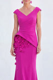 Blue Floral Mermaid V-Neck Ruched Long Mother Of the Bride Dress with Cap Sleeves