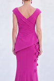 Blue Floral Mermaid V-Neck Ruched Long Mother Of the Bride Dress with Cap Sleeves