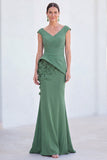 Blue Floral Mermaid V-Neck Ruched Long Mother Of the Bride Dress with Cap Sleeves