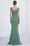 Blue Floral Mermaid V-Neck Ruched Long Mother Of the Bride Dress with Cap Sleeves