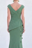 Blue Floral Mermaid V-Neck Ruched Long Mother Of the Bride Dress with Cap Sleeves