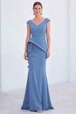 Blue Floral Mermaid V-Neck Ruched Long Mother Of the Bride Dress with Cap Sleeves