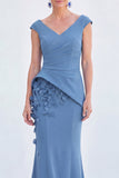 Blue Floral Mermaid V-Neck Ruched Long Mother Of the Bride Dress with Cap Sleeves