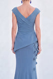 Blue Floral Mermaid V-Neck Ruched Long Mother Of the Bride Dress with Cap Sleeves