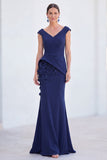 Blue Floral Mermaid V-Neck Ruched Long Mother Of the Bride Dress with Cap Sleeves