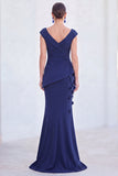 Blue Floral Mermaid V-Neck Ruched Long Mother Of the Bride Dress with Cap Sleeves