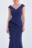Blue Floral Mermaid V-Neck Ruched Long Mother Of the Bride Dress with Cap Sleeves