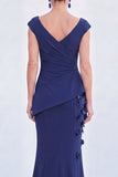 Blue Floral Mermaid V-Neck Ruched Long Mother Of the Bride Dress with Cap Sleeves