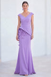 Blue Floral Mermaid V-Neck Ruched Long Mother Of the Bride Dress with Cap Sleeves