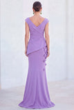 Blue Floral Mermaid V-Neck Ruched Long Mother Of the Bride Dress with Cap Sleeves