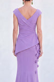 Blue Floral Mermaid V-Neck Ruched Long Mother Of the Bride Dress with Cap Sleeves