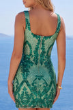 Sparkly Dark Green Square Neck Bodycon Sequins Homecoming Dress