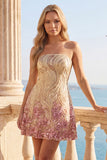 Sparkly A-Line Gold and Pink Strapless Sequins Short Formal Dress