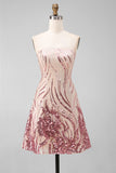 Sparkly A-Line Gold and Pink Strapless Sequins Short Formal Dress
